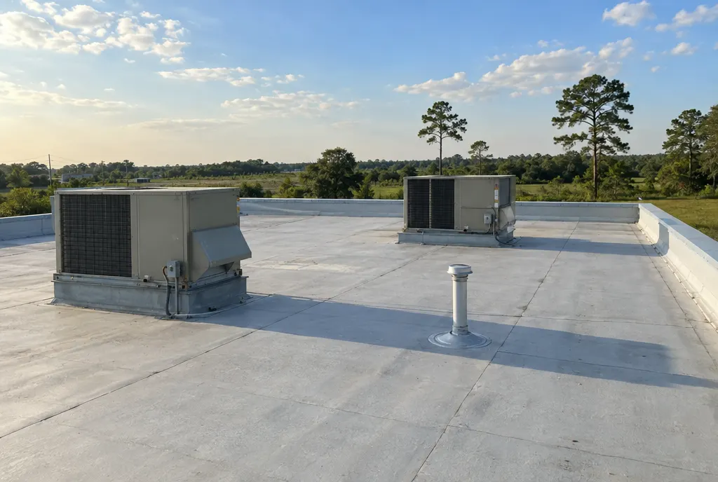 Light grey flat commercial roof with two air-conditioning units and a vent pipe, pine trees beyond
