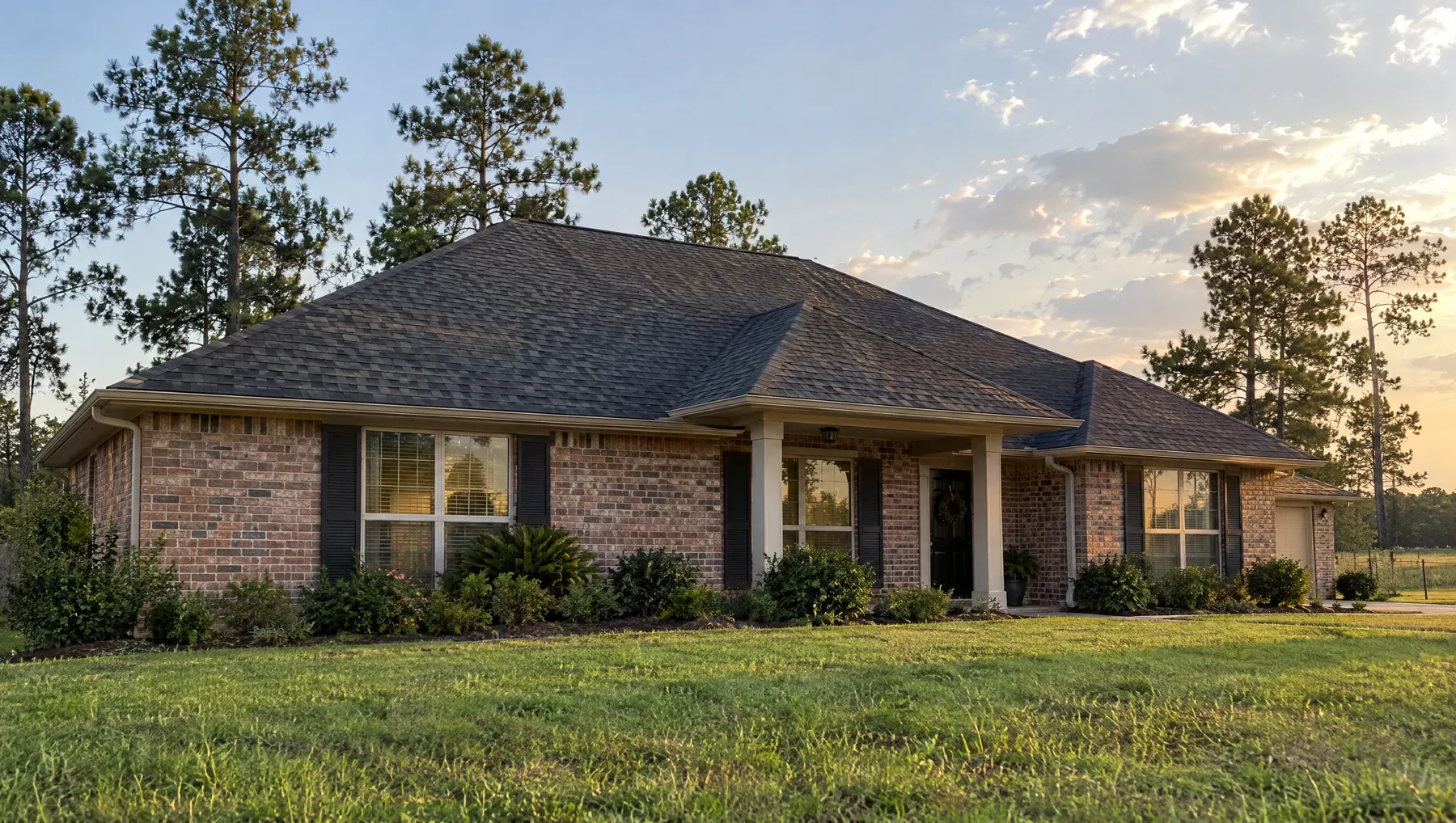 One-storey brick house with a dark shingle roof and tall pines behind it, in late afternoon light