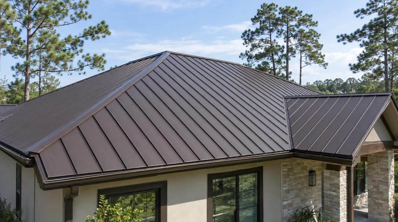 Dark bronze standing-seam metal roof on a one-storey house with pine trees behind